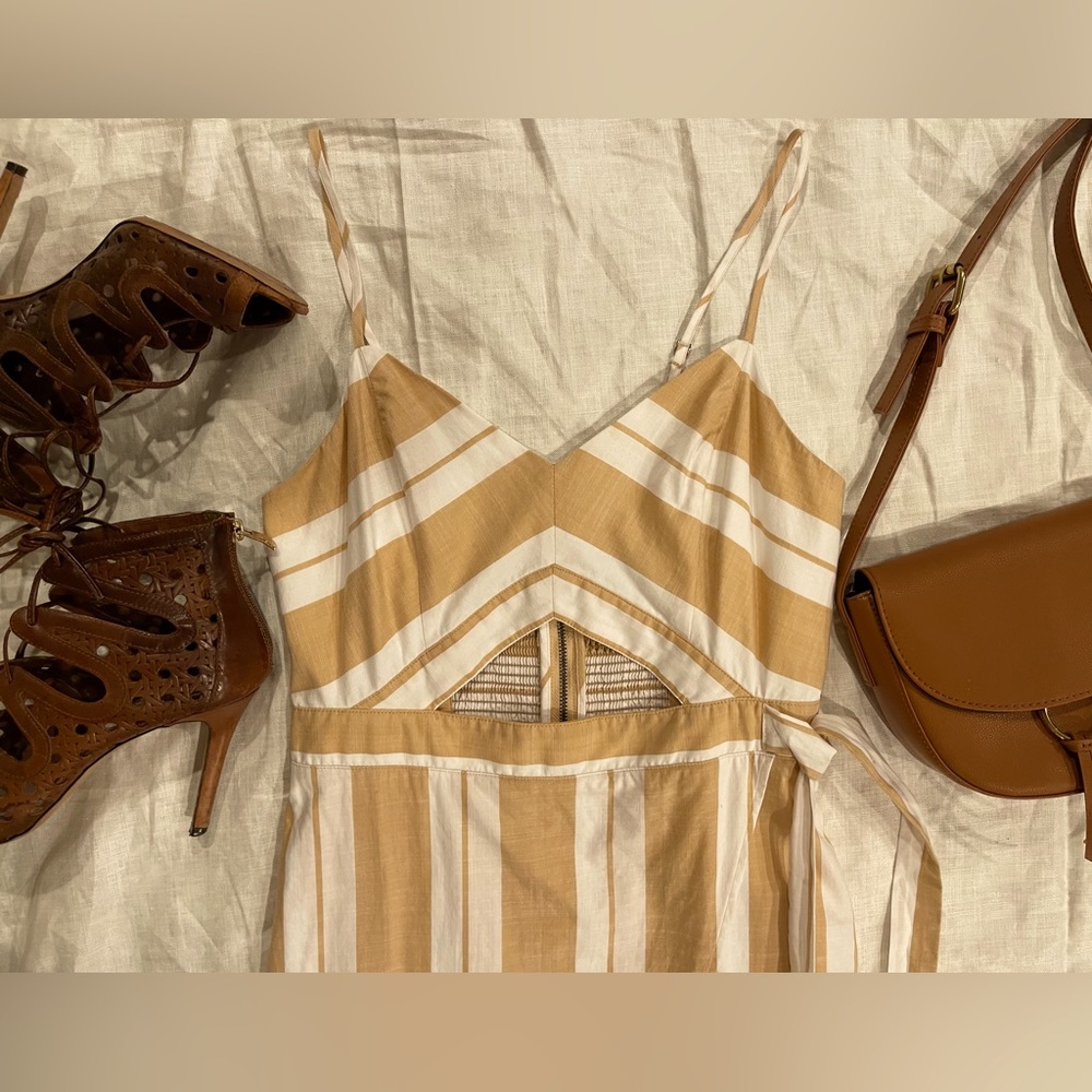 Express Spaghetti Strap Midi Dress | Tan & White Stripes | Center Cutout